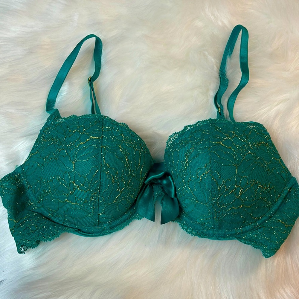 Aerie Limited Edition 36B Green Lace Padded Bra with Bow